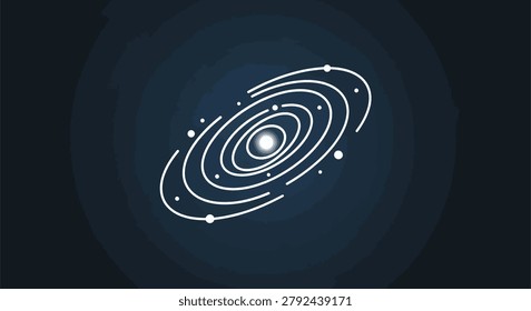 An elegant celestial illustration featuring a white spiral galaxy with orbits, ideal for astronomical infographics and educational presentations.