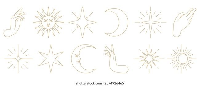 Elegant celestial line art featuring sun, moon, stars, and hands. Sun and moon motifs, celestial stars, and graceful hands in minimalist style. Doodle element vector set.