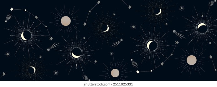 Elegant celestial pattern featuring phases of the moon, stars, and cosmic elements, perfect for mystical and astrological themed designs and backgrounds.