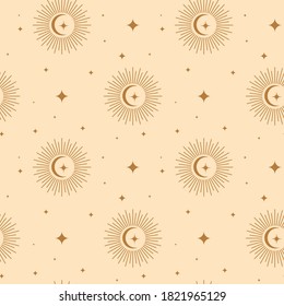 Elegant celestial seamless pattern. Boho magic background with golden space elements stars, crescent, moon. Vector doodle texture.