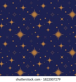 Elegant celestial seamless pattern. Boho magic background with golden stars. Vector abstract minimal texture.