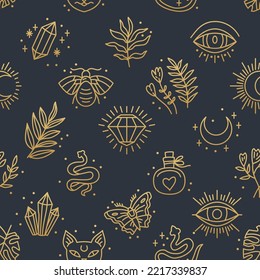 Elegant celestial seamless pattern with boho elements, moon, start, leaf, mystical elements in lineart style. Hippie chic background. Good for fabric, wrapping, textile, wallpaper, apparel.