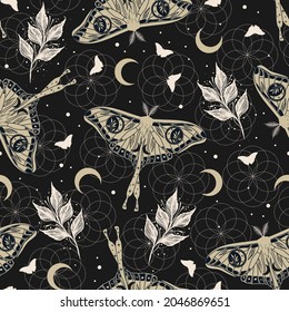 Elegant celestial seamless pattern with butterflies. Boho magic background with space elements stars, butterflies, herbs. Design for card, fabric, print, greeting, cloth, poster, clothes, textile.