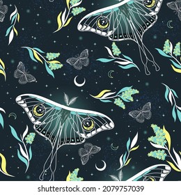 Elegant celestial seamless pattern with butterflies. Boho magic background with butterflies, herbs. Design for card, fabric, print, greeting, cloth, poster, clothes, textile.