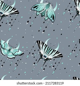 Elegant celestial seamless pattern with butterflies. Boho magic background with space elements stars and butterflies. Design for card, fabric, print, greeting, cloth, poster, clothes, textile.