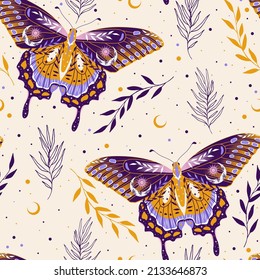 Elegant celestial seamless pattern with butterflies. Boho magic background with space elements stars, herbs. Design for card, fabric, print, greeting, cloth, poster, clothes, textile.