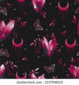 Elegant celestial seamless pattern with butterflies. Boho magic background with space elements stars, butterflies, herbs and crystals. 