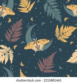 Elegant celestial seamless pattern with ferns. Boho magic background with space elements stars, butterflies. Vector doodle texture.