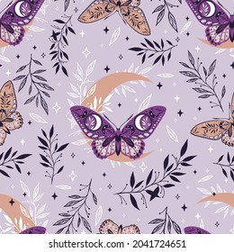 Elegant celestial seamless pattern with herbs. Boho magic background with purple space elements stars, butterflies. Vector doodle texture.