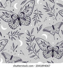 Elegant celestial seamless pattern with herbs. Boho magic background with gray space elements stars, butterflies. Vector doodle texture.