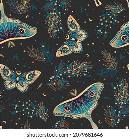 Elegant celestial seamless pattern with herbs. Boho magic background with space elements stars, butterflies. Design for card, fabric, print, greeting, cloth, poster, clothes, textile.