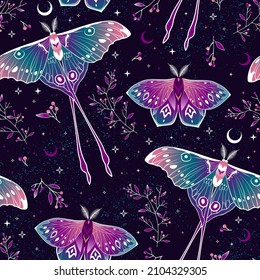 Elegant celestial seamless pattern with herbs. Boho magic background with space elements stars, butterflies. Vector doodle texture. svg