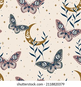 Elegant celestial seamless pattern with herbs. Boho magic background with purple space elements stars, butterflies. Vector doodle texture.