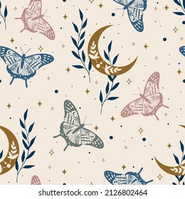 Elegant celestial seamless pattern with herbs. Boho magic background with space elements stars, butterflies. Vector doodle texture.