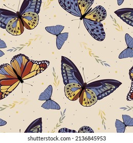 Elegant celestial seamless pattern with herbs. Boho magic background with space elements stars, butterflies. Design for card, fabric, print, greeting, cloth, poster, clothes, textile.