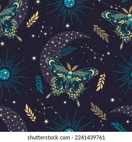 Elegant celestial seamless pattern with herbs. Boho magic background with space elements stars, butterflies. Design for card, fabric, print, greeting, cloth, poster, clothes, textile.