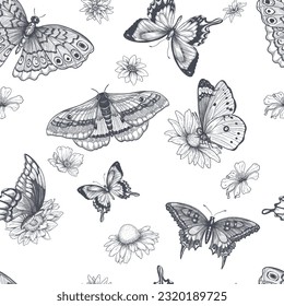 Elegant celestial seamless pattern with herbs. Boho magic background with gray space elements stars, butterflies. Vector doodle texture.