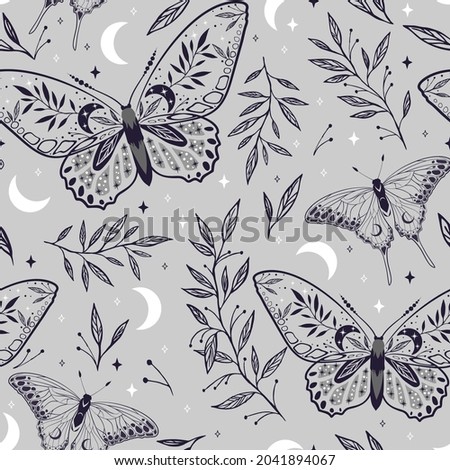 Elegant celestial seamless pattern with herbs. Boho magic background with gray space elements stars, butterflies. Vector doodle texture.