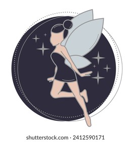 Elegant celestial, silver fairy. Silhouette of beautiful flying fairy. Dark blue night fairy. Magic, fantasy, hand drawn, isolated. 