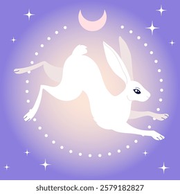 Elegant celestial vector card, poster. White hare, rabbit, stars, moon in mystical cosmic space. Soft pastel colors and gradients. Magic totem animal, lunar mythology. Flat hand drawn illustration