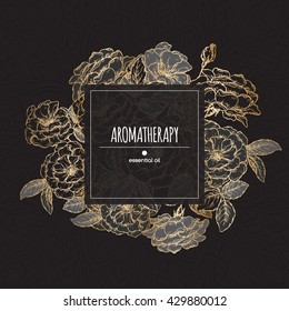 Elegant center frame template with black Damask roses. Aromatherapy series. Great for greeting card design, perfume design, cooking or gardening.