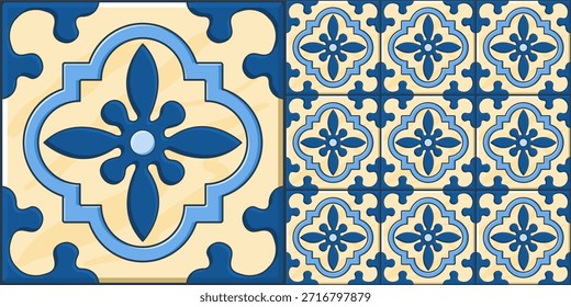 Elegant ceramic tile design in blue and beige tones, featuring symmetrical floral geometry inspired by traditional Mediterranean tiles. Seamless vector pattern included.