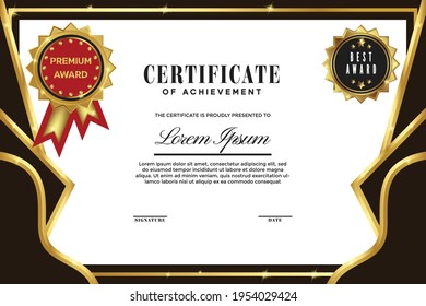 Elegant certificate of achievement with gold and black gradient frame, featuring premium and best award seals, ideal for formal recognition events