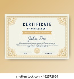 Elegant certificate of achievement with ornaments, A4 size with bleeds. Vector illustration