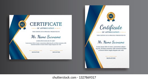 Elegant certificate of achievement template, gold and blue color. Clean modern certificate with gold badge. Certificate template with luxury and modern line pattern. Diploma vector template