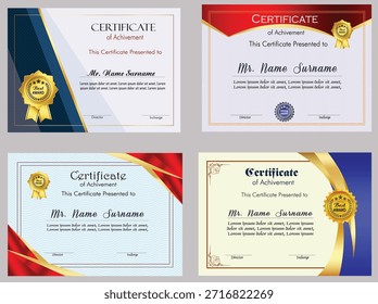 Elegante Certificado de Conquista Conjunto Vetor, Prêmio de Luxo, Diploma e Modelo de Apreciação com Quadro Ornado, Badge, e Projeto de Borda Dourada