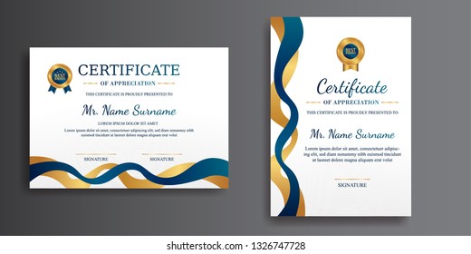 Elegant certificate of appreciation template, gold and blue color. Clean modern certificate with gold badge. Certificate template with luxury and modern line pattern. Diploma vector template