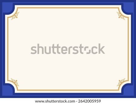Elegant certificate border in deep navy blue with ornate gold corner accents. Ideal for awards, diplomas, and official documents, offering a formal and prestigious look.