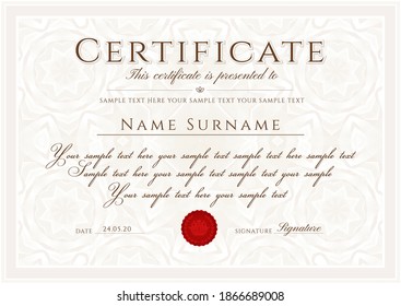 Elegant certificate with curve guilloche pattern (fine line watermark), red insignia and frame on background. Vector template for invite, diploma