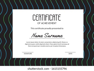 Elegant certificate design with gradient wavy lines on the black background. Usable for courses, contests, training. A4 standard scaled size. Vector illustration