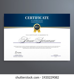 Elegant certificate design template with gold seal, blue, and green color. Multipurpose and elegant design