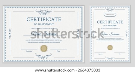 Elegant certificate template in blue. Editable and printable for awards, diplomas, or achievements. Horizontal and vertical. Modern and  professional. Vector design. Easy to customize!