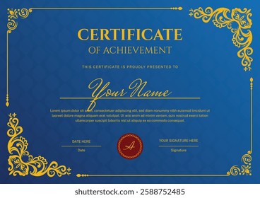 Elegant certificate template with a blue gradient background and premium floral frame ornaments. Features editable text and stylish fonts. Perfect for awards, diplomas, and recognitions