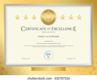 Elegant certificate template for excellence, achievement, appreciation or completion on gold border background