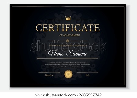 Elegant certificate template with ornamental border and gold accents on dark background. Customizable diploma or award design for corporate and educational recognition. Printable vector. Editable file