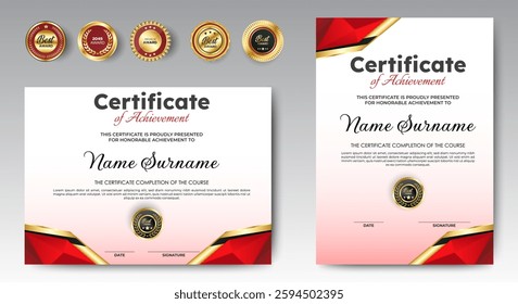 Elegant Certificates Template with golden red shape and premium badges. editable. Vector.