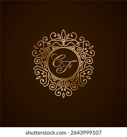 Elegant CF Monogram Logo with Golden Ornamental Frame on Dark Background – Luxury Initial Design