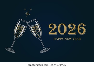 Elegant champagne flutes clinking in a celebratory toast against a dark navy backdrop, adorned with the year 2026 and "Happy New Year" greeting. Perfect for cards.