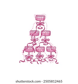 Elegant champagne tower with bows and pearl decorationin in a whimsical hand-drawn style. Isolated vector illustration. Holiday alcoholic drinks.