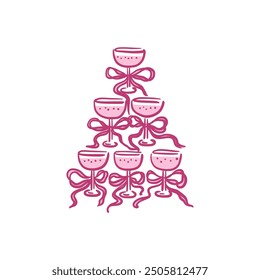 Elegant champagne tower with bows in a whimsical hand-drawn style. Isolated vector illustration. Holiday alcoholic drinks.