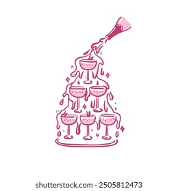 Elegant champagne tower in a whimsical hand-drawn style. Isolated vector illustration. Holiday alcoholic drinks.