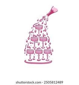 Elegant champagne tower in a whimsical hand-drawn style. Isolated vector illustration. Holiday alcoholic drinks.