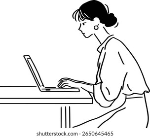 Elegant character drawing of a businesswoman at her workspace. Modern and clean black and white vector of a person using a laptop, isolated.