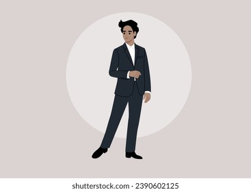An elegant character in a refined black tuxedo, sans bow, perfect for a sophisticated night out or a formal event