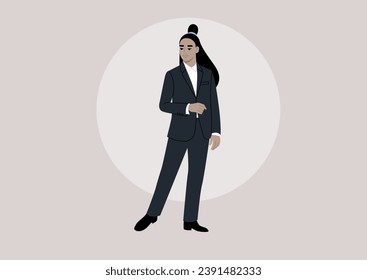 An elegant character in a refined black tuxedo, sans bow, perfect for a sophisticated night out or a formal event