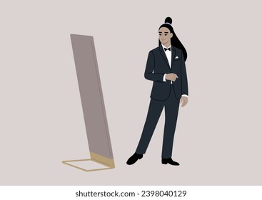 An elegant character stands in a fancy boutique, trying on a refined black tuxedo with a bow, while admiring themselves in a grand floor mirror